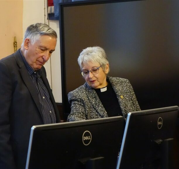 Tony Cann CBE DL, speaking to Rev. Melda Grantham about the Zoom Kit