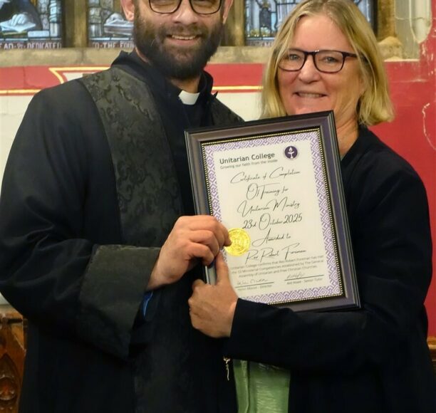 Rev. Rob receives his Unitarian College certificate from Director of the College Helen Mason